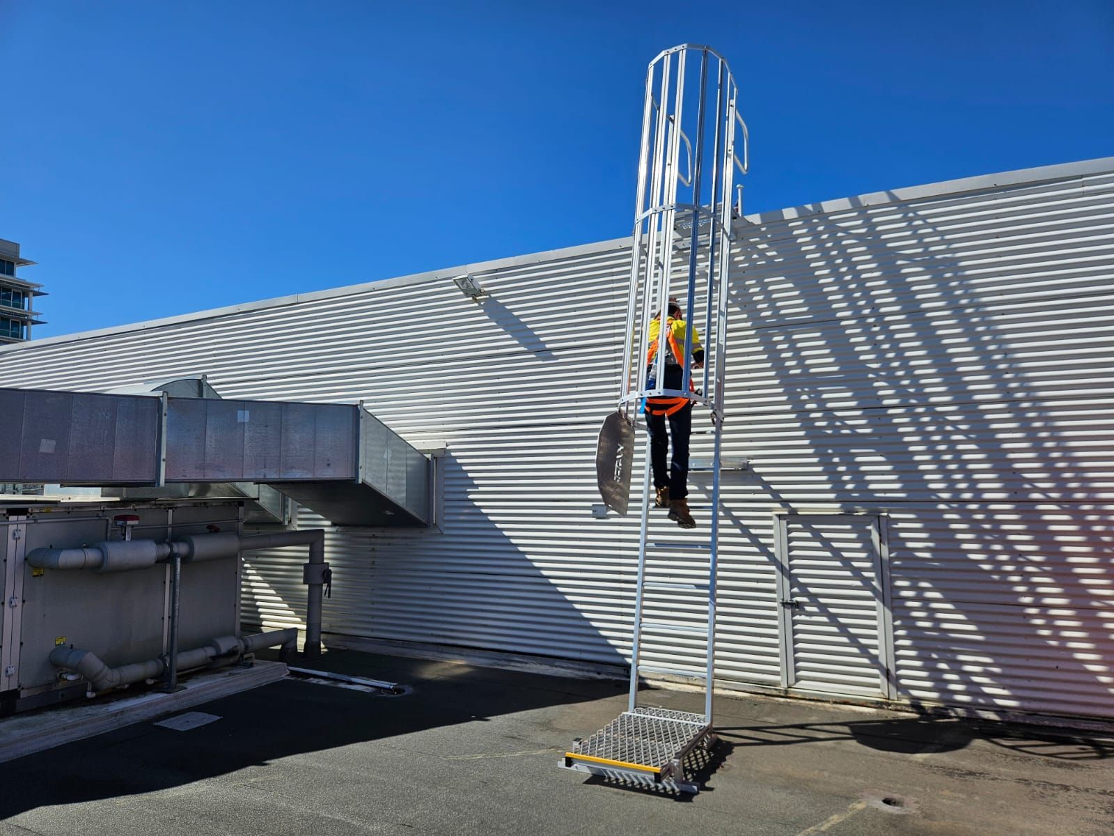 Person Climbing Tall, Metal Ladder — Australian Asset Compliance in Glanmire, QLD
