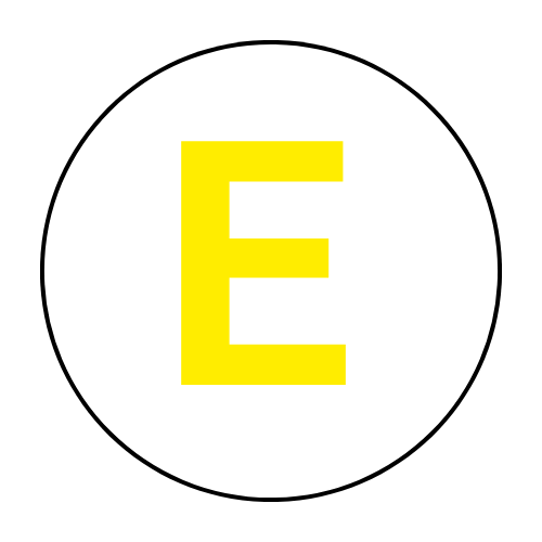 A yellow letter e is in a white circle on a white background.