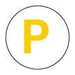 A yellow letter p is in a white circle on a white background.