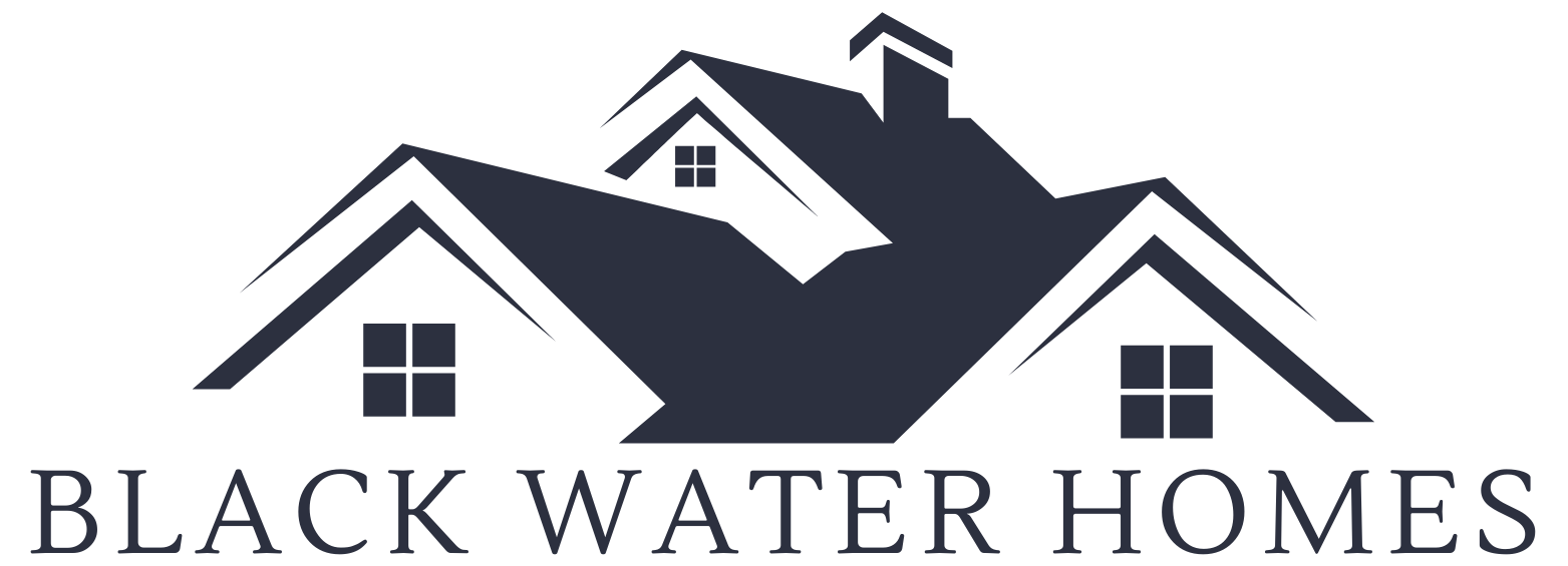 Logo for Black Water Homes: a stylized black house silhouette with the text 