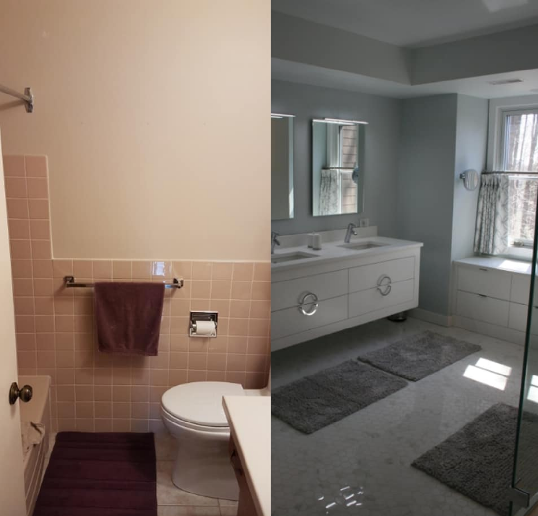 Bathroom before and after: pink-tiled room transitions to modern white with double vanity and window seat.