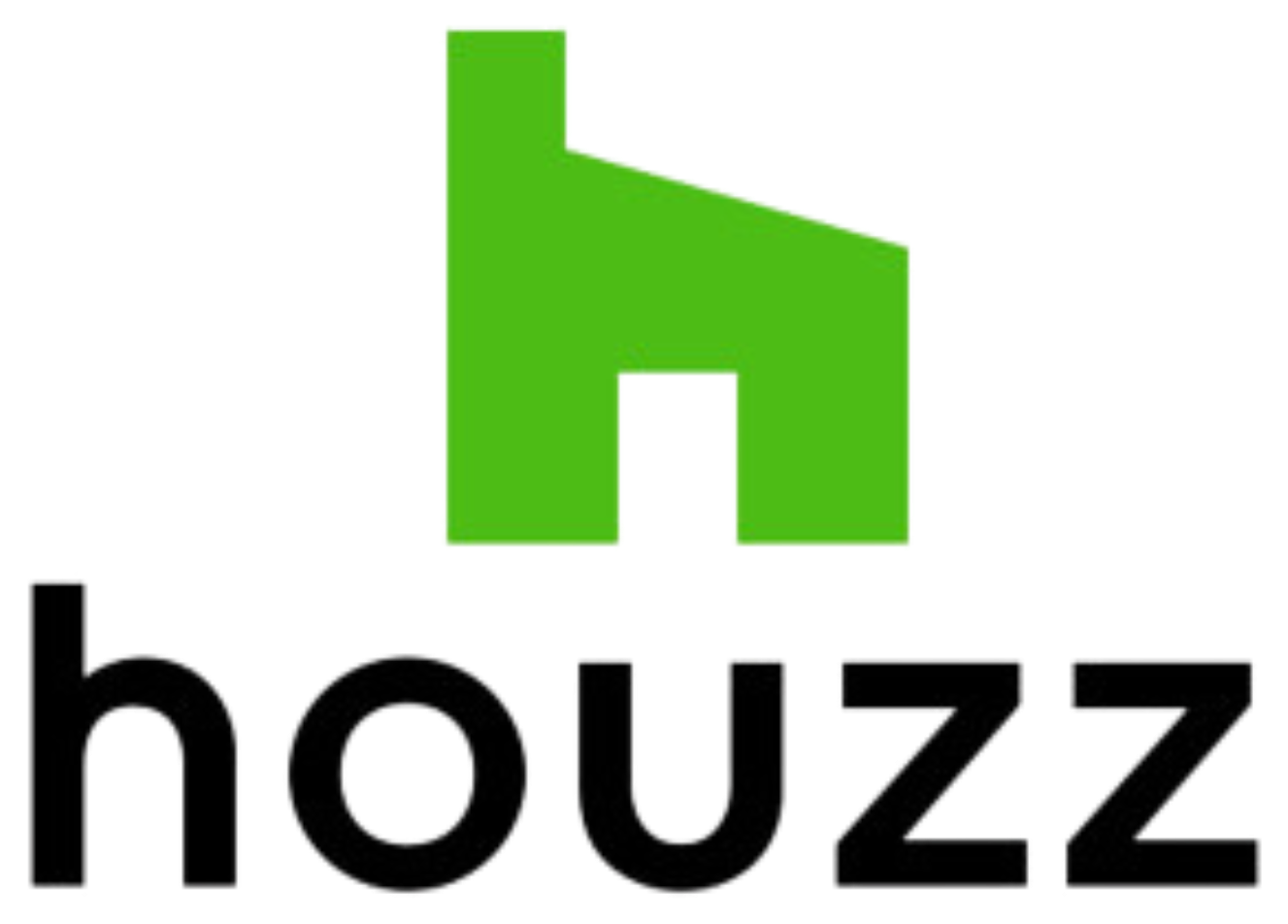 Houzz logo: green house icon above the black word 