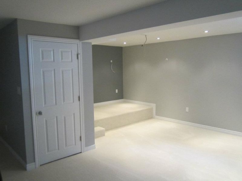 Empty, gray-painted basement room with white door, raised carpeted platform, and recessed lighting.