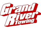 Logo for Grand River Towing in white text with a red drop shadow.
