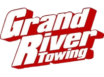 Logo for Grand River Towing in white text with a red drop shadow.