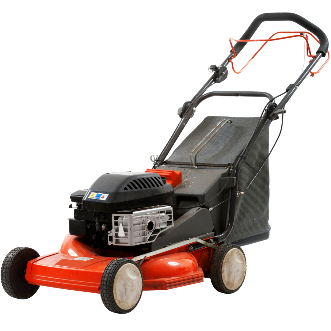 Orange and black lawnmower with a grass collection bag. It is on a white background.