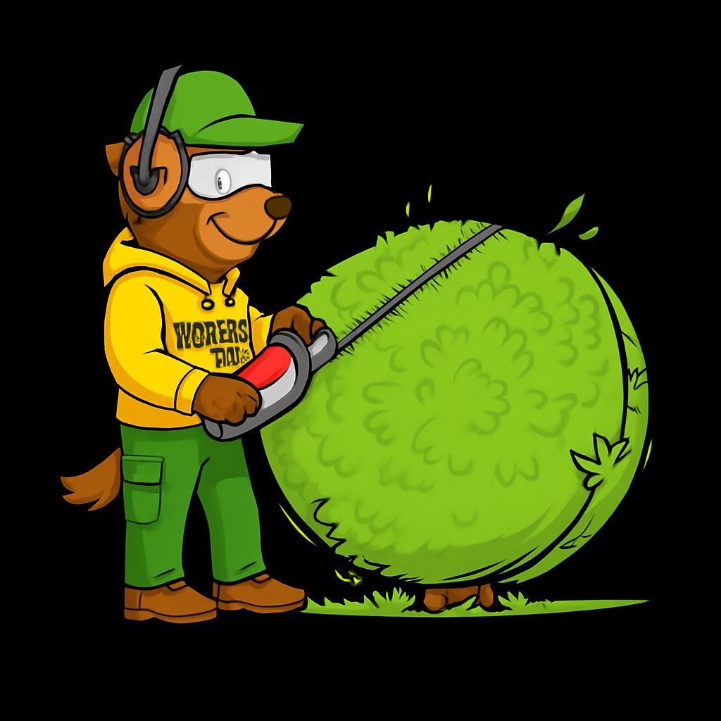 Well-manicured garden with a stone pathway, various green and burgundy shrubs, and a tree.