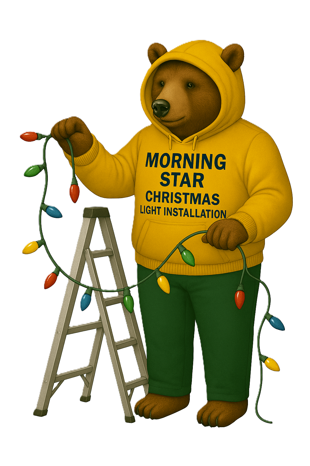 Person holding a tangled wad of multicolored Christmas lights, their arms outstretched against a dark background.