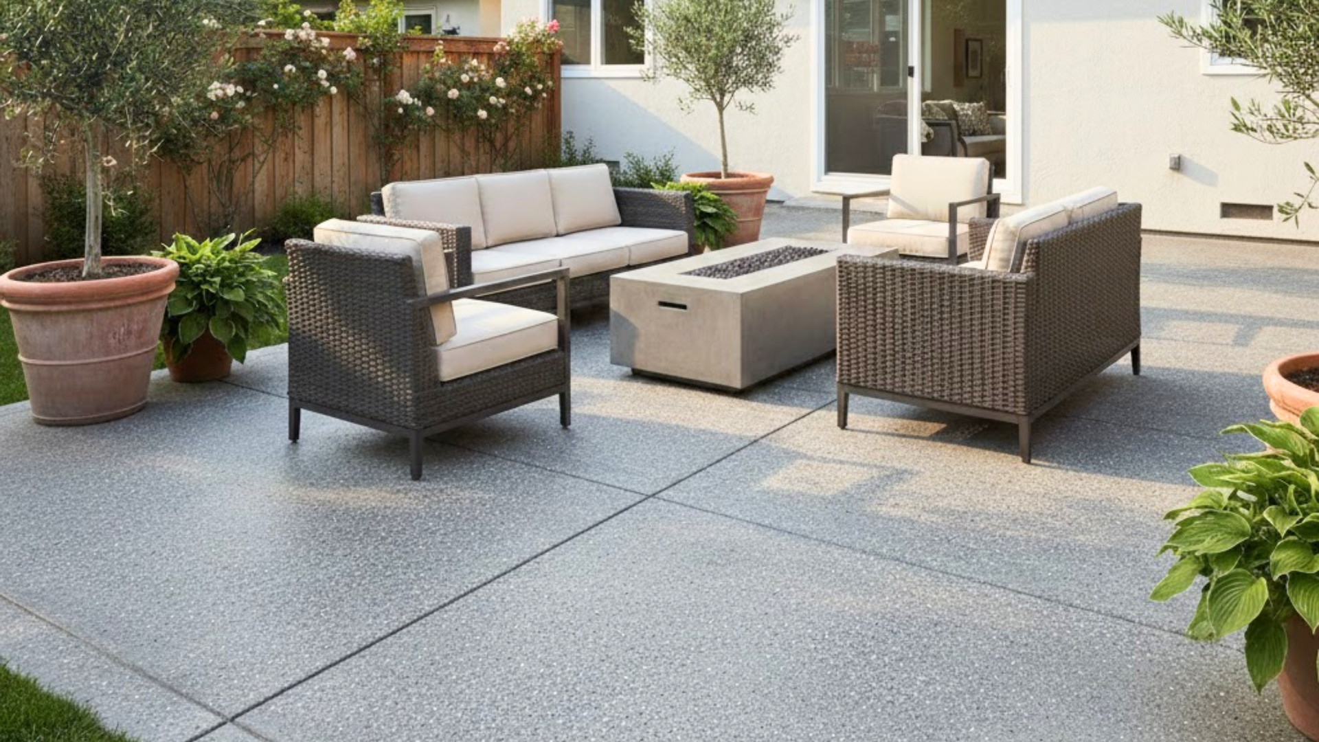 Salt finish concrete patio featuring subtle textured surface for a clean and modern look.