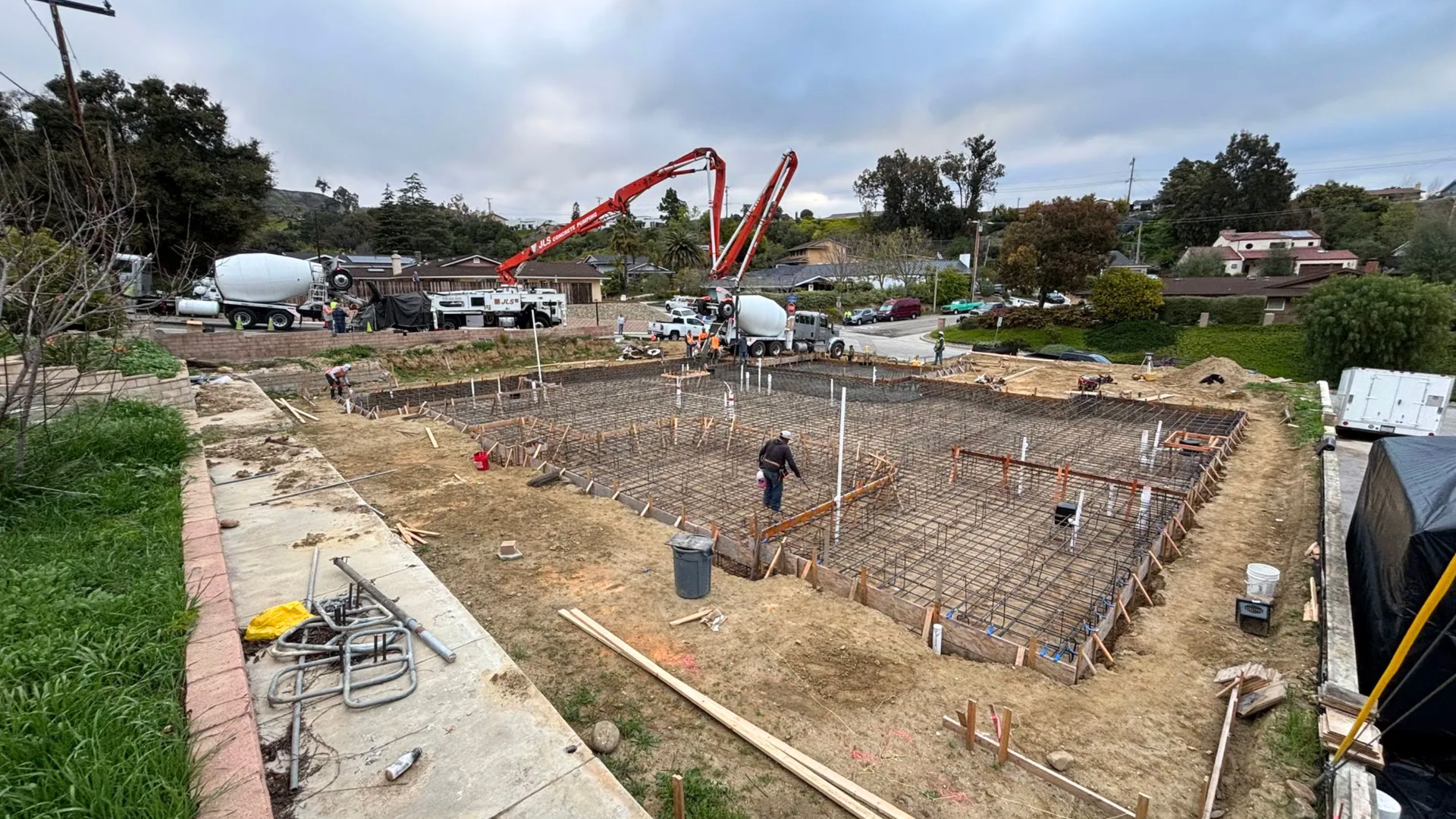 Concrete slab-on-grade foundation prepared for residential construction