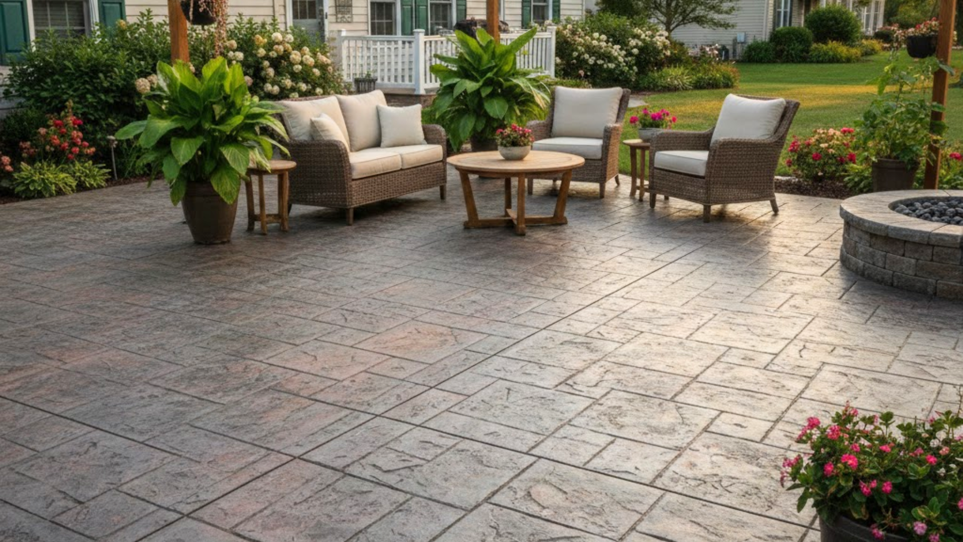 Stamped concrete patio designed to replicate natural stone for a Southern California home.