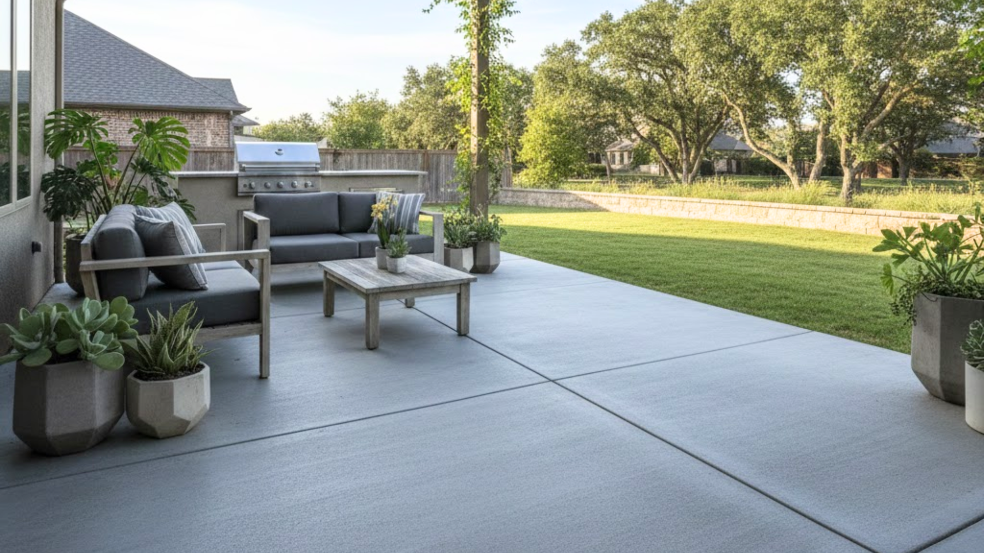 Standard broom finish concrete patio with light surface texture for traction and durability.