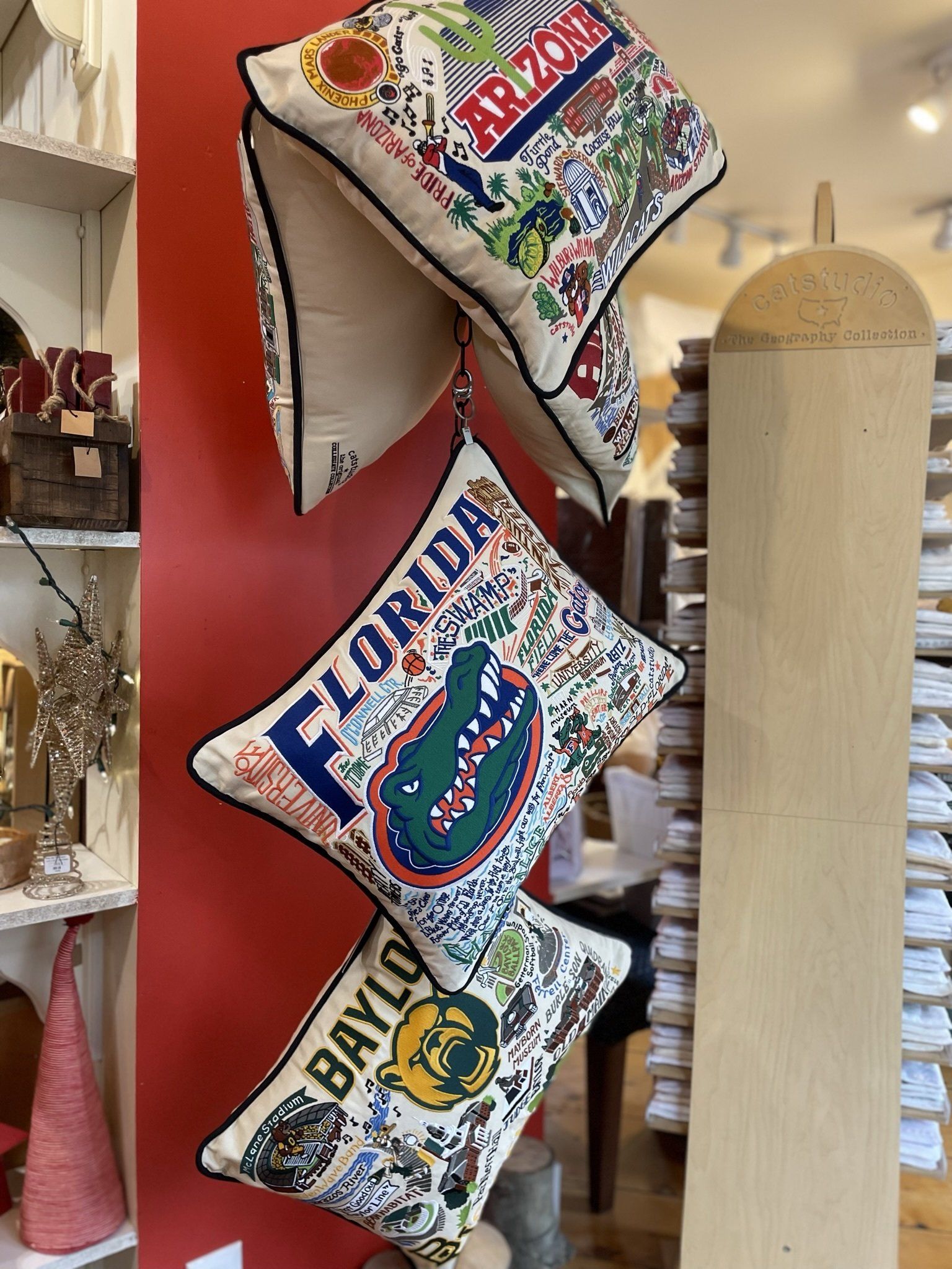 Three florida pillows are hanging on a shelf in a store.