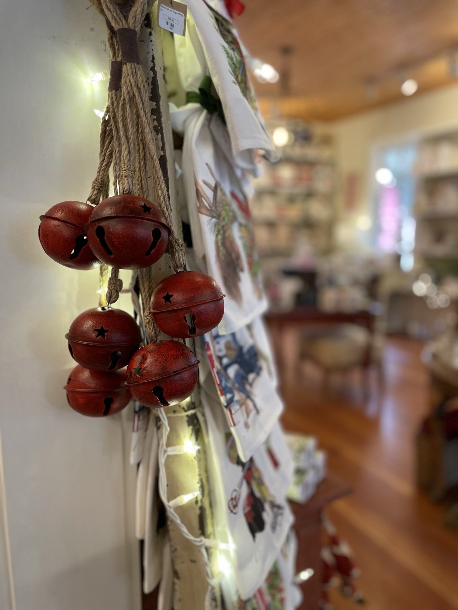 A bunch of bells are hanging from a string on a wall.