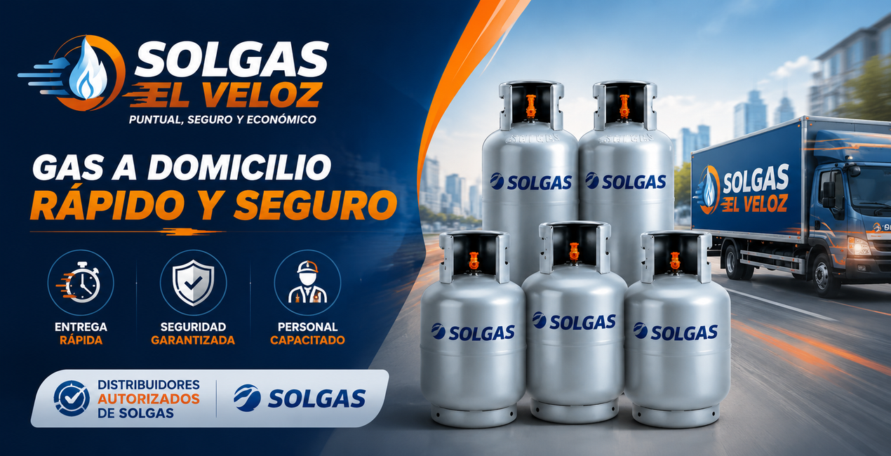 Logotipo de ALEJO SAC sobre fondo blanco y azul con cilindros de gas plateados apilados.