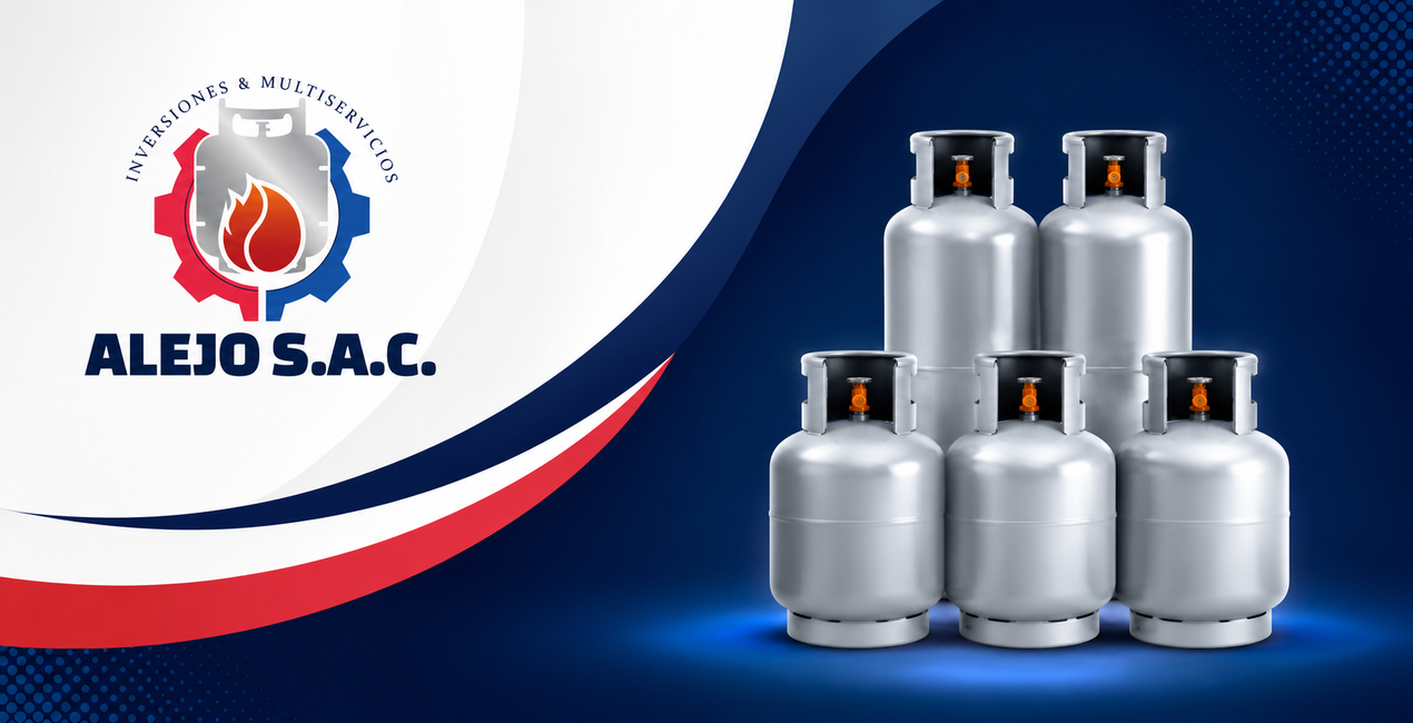 Logotipo de ALEJO SAC sobre fondo blanco y azul con cilindros de gas plateados apilados.