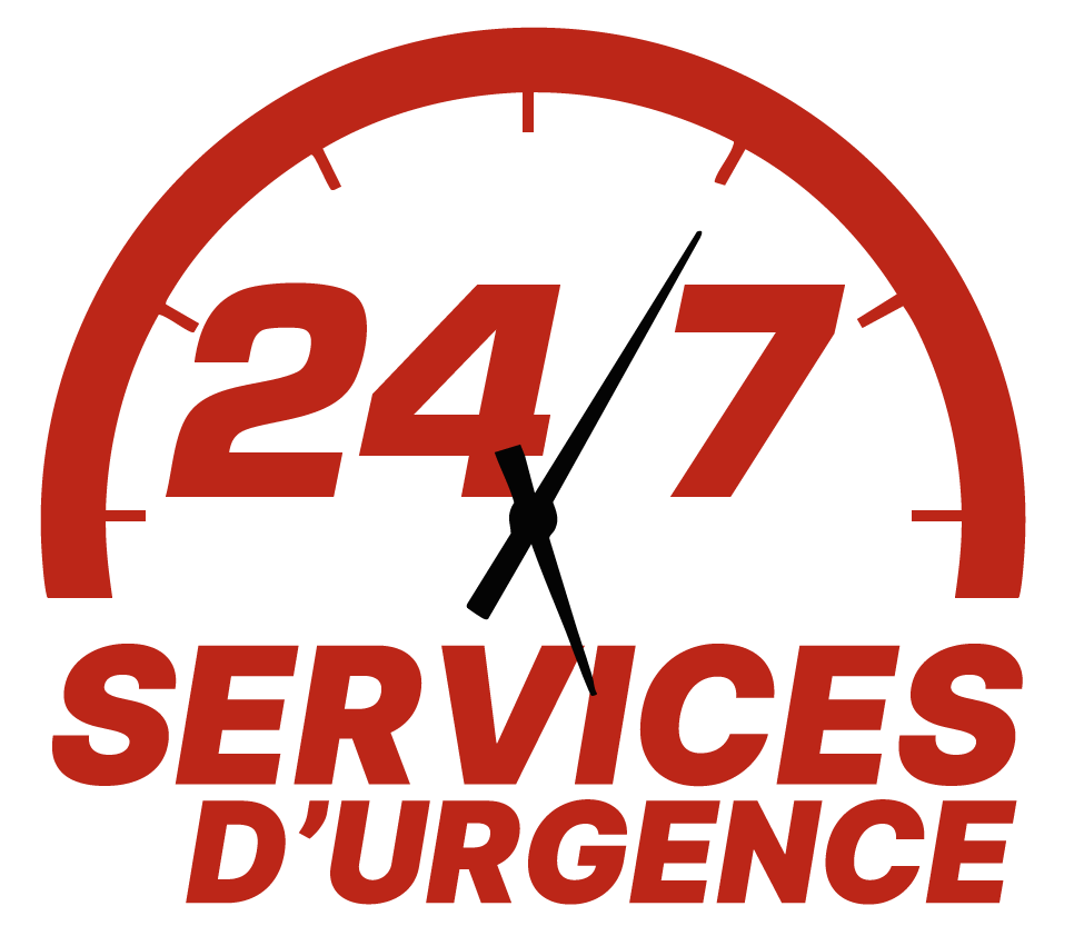 Horloge rouge avec la mention « SERVICES D'URGENCE 24/7 », indiquant la disponibilité des services d'urgence.