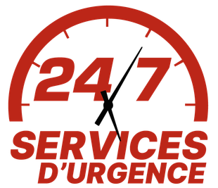 Horloge rouge avec la mention « SERVICES D'URGENCE 24/7 », indiquant la disponibilité des services d'urgence.