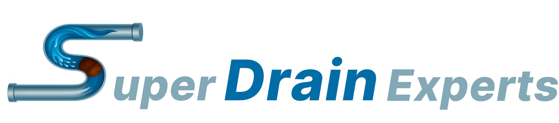 Logo de Super Drain Experts : tuyaux bleus d'où s'écoule un liquide. Le mot « Drain » est en bleu.
