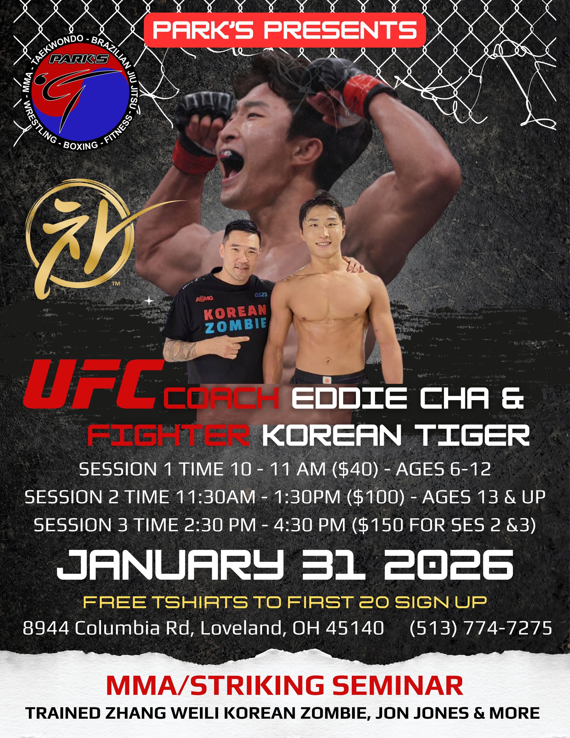 MMA/Striking seminar with Eddie Cha and Korean Tiger. Featuring fighters, dates, times, and a free t-shirt offer.