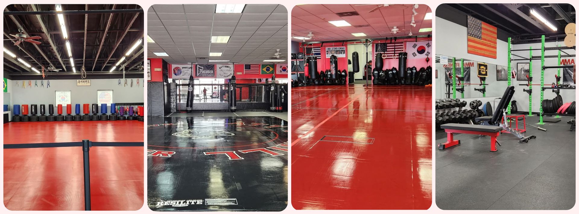 A collage of four pictures of a gym with a red floor.