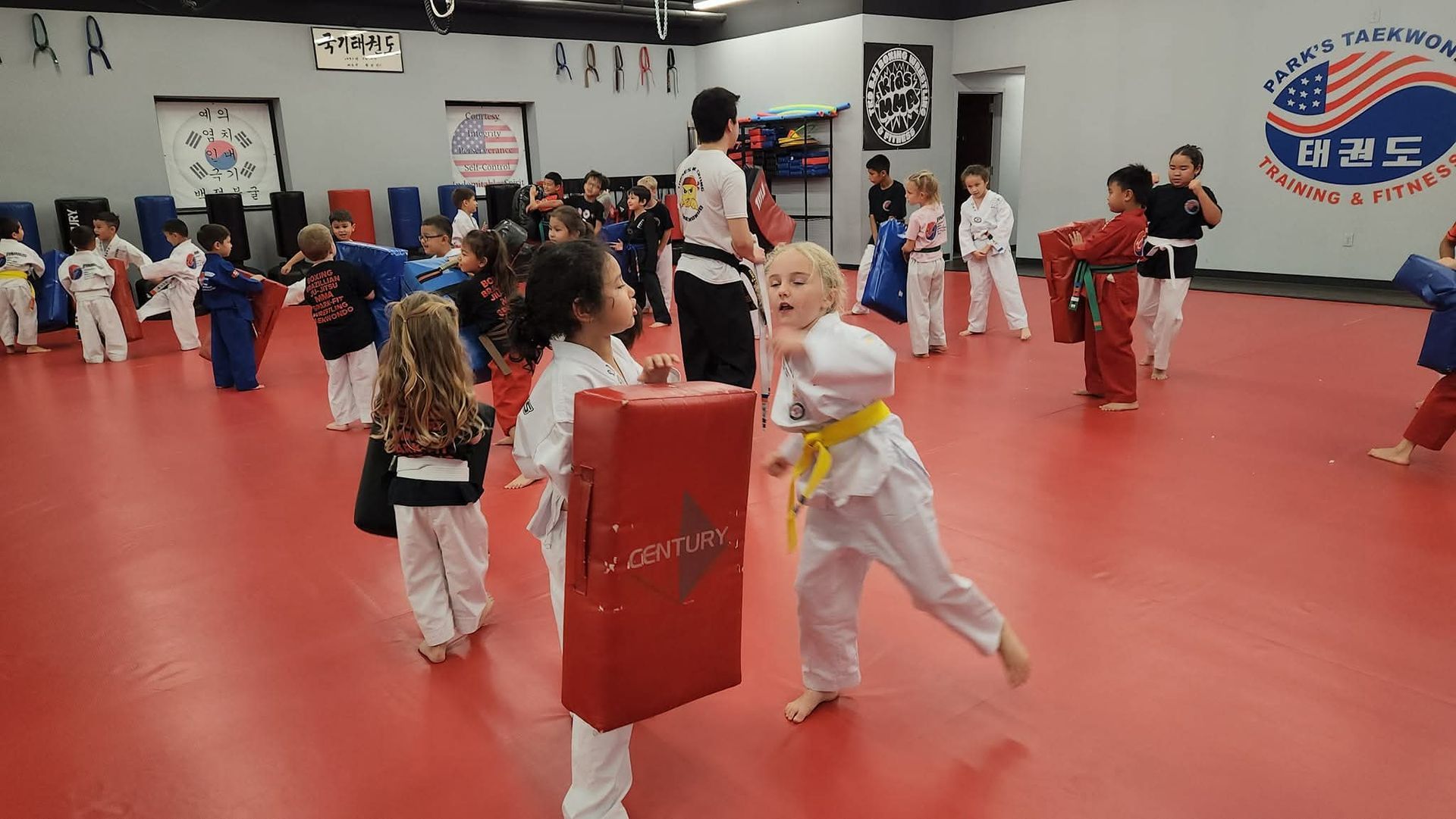 A group of young children are practicing martial arts in a gym.