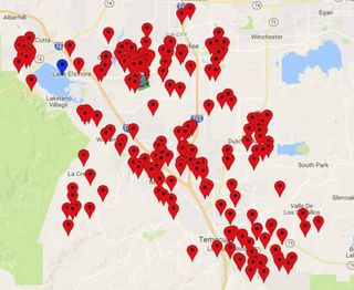 Map Of A City With Lots Of Red Pins - Lake Elsinore, CA - Think Clear Pool and Spa Services