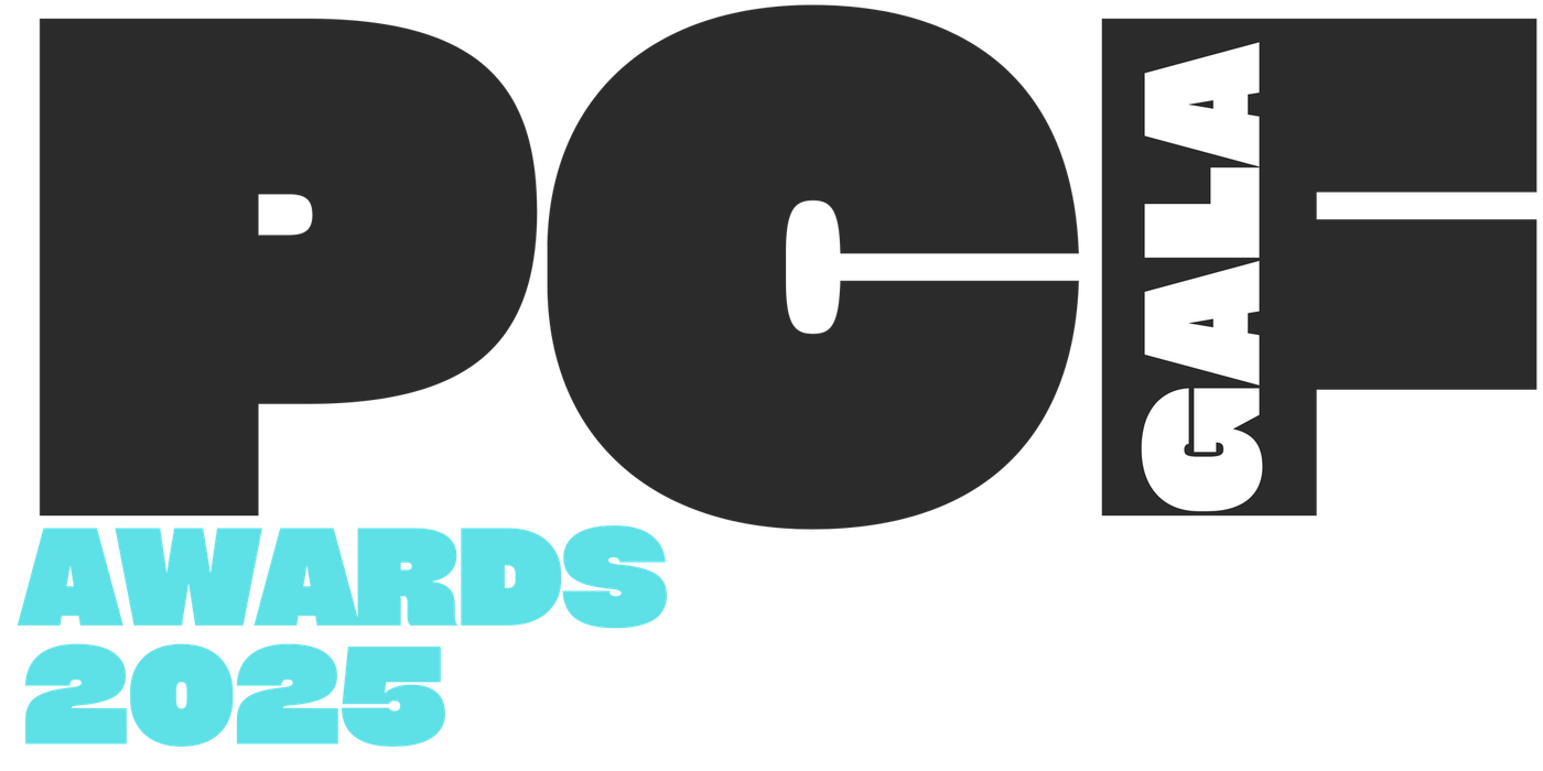Logo for the PCF Awards 2025 Gala; black letters 