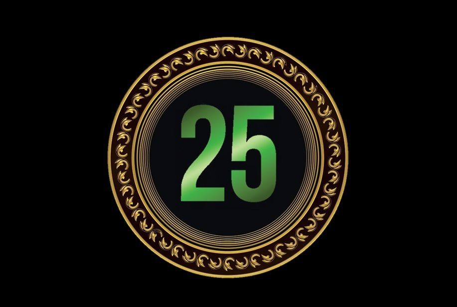 The number 25 is in a gold circle on a black background