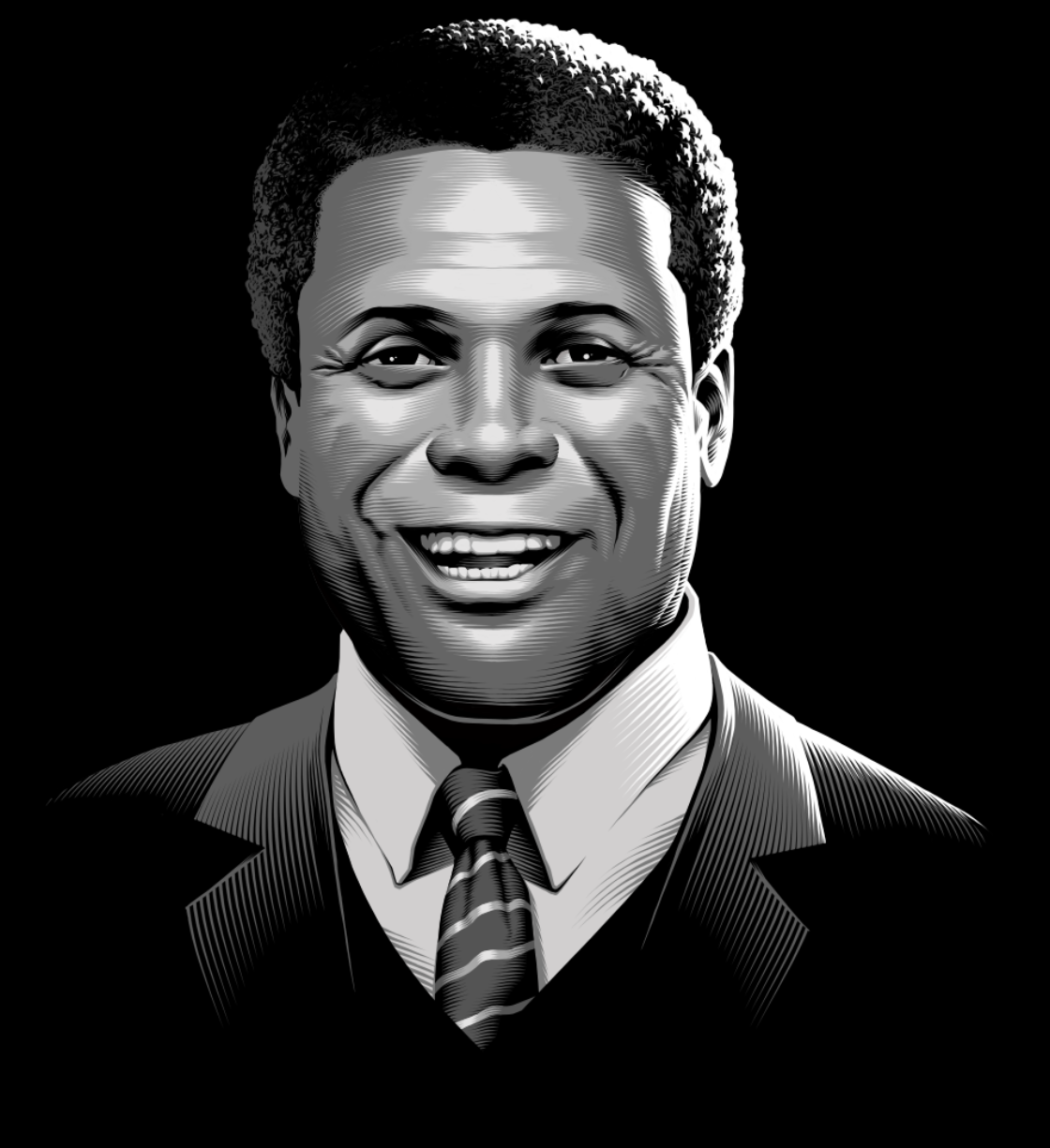 A black and white drawing of a man in a suit and tie