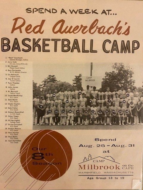 An advertisement for red auerbach 's basketball camp