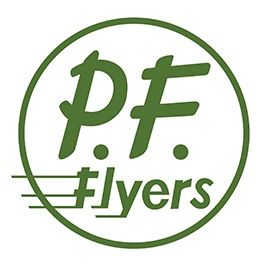 A green and white logo for p.f. flyers