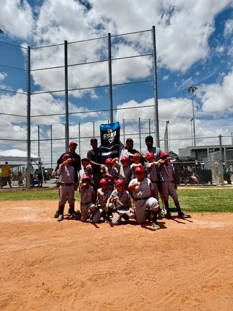 A youth baseball team in red uniforms poses on a baseball field under a cloudy sky. The team is celebrating.
