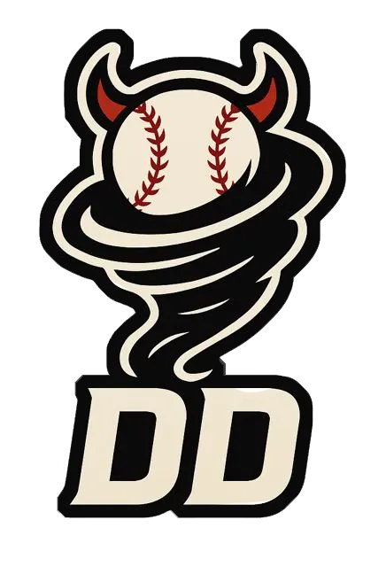 Baseball with devil horns emerging from a tornado, with 