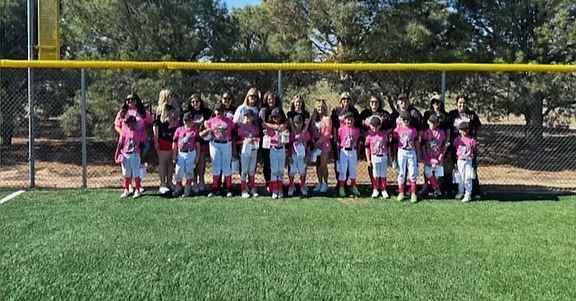 Girls softball team in pink and white uniforms with coaches, posing on a green field, behind a yellow fence.