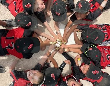 Youth baseball team in red and black uniforms huddling, hands in the center, smiling and celebrating outdoors.
