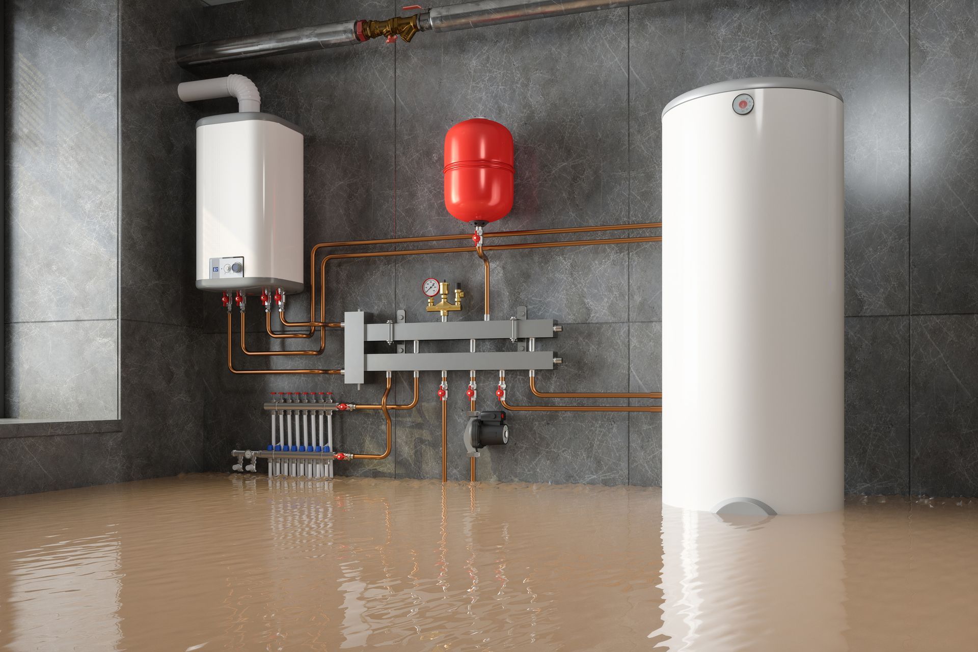 A flooded boiler room, requiring prompt water damage restoration services.