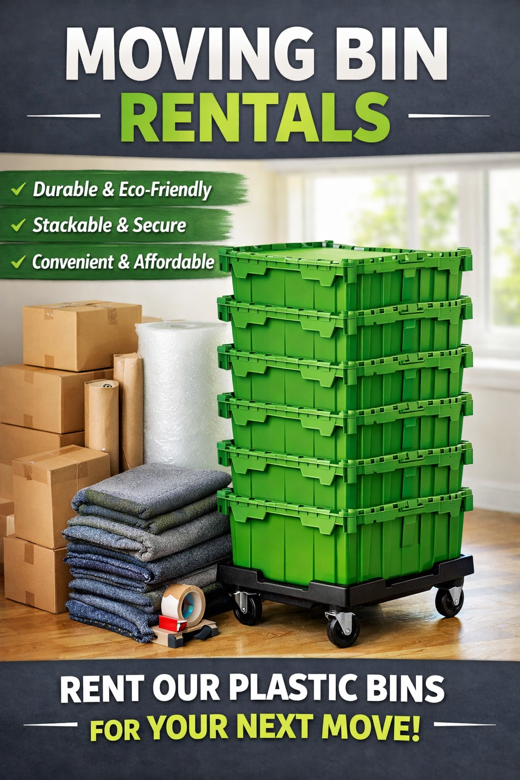 Rent moving bins for your next move. Gray plastic bins with wheels stacked next to cardboard boxes.