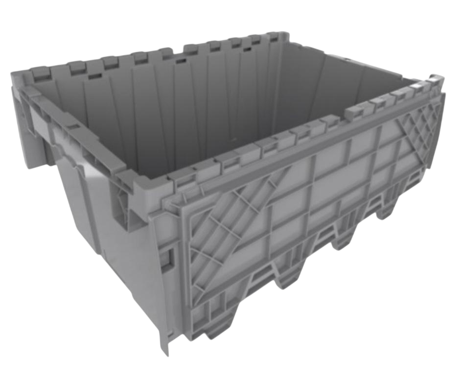Gray, open-top, plastic storage container with reinforced sides and bottom.