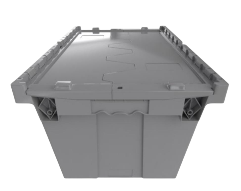 Gray plastic storage tote with attached lid.