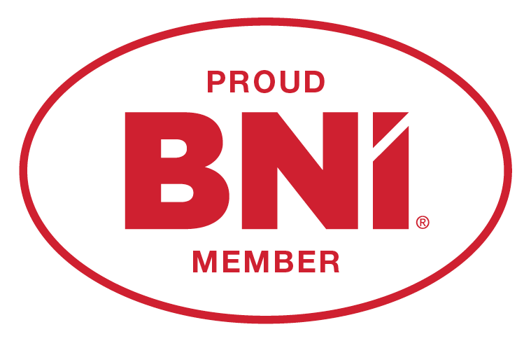 Red and white BNI logo: