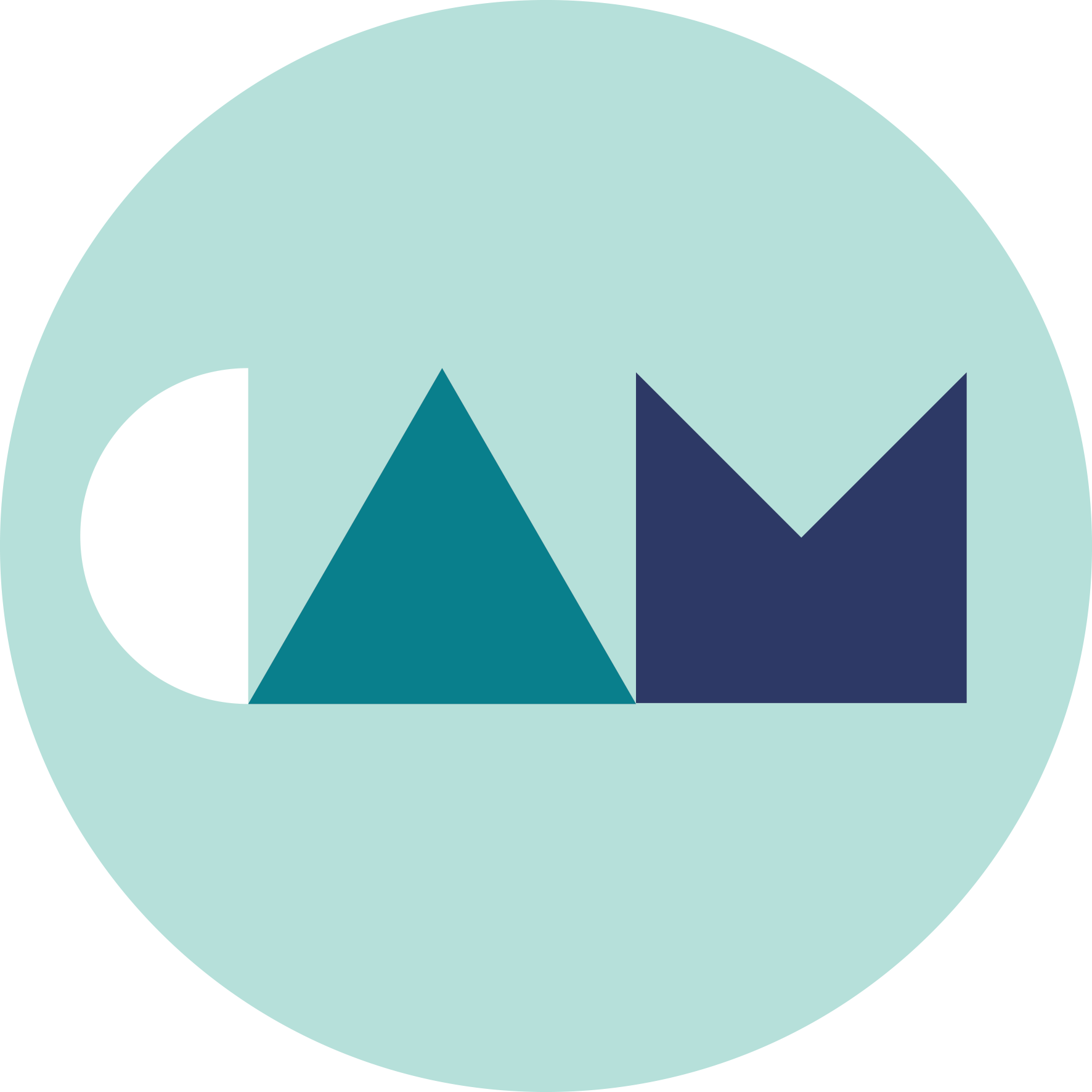 Cyan circle with white C, teal triangle, and navy M shapes.