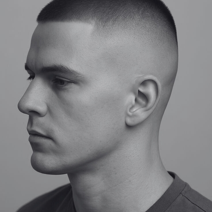 A black and white photo of a man with a very short haircut.