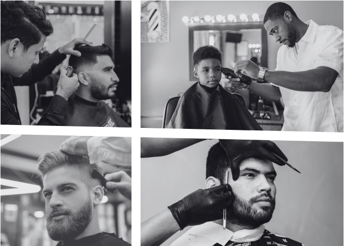 A man is getting his hair cut by a barber in a barber shop.