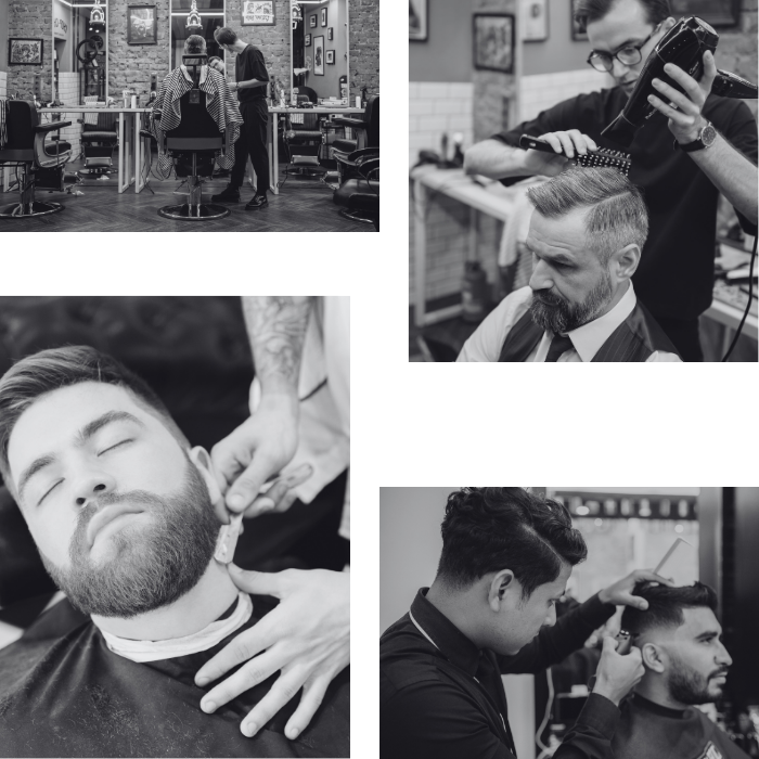A man is getting his hair cut at a barber shop