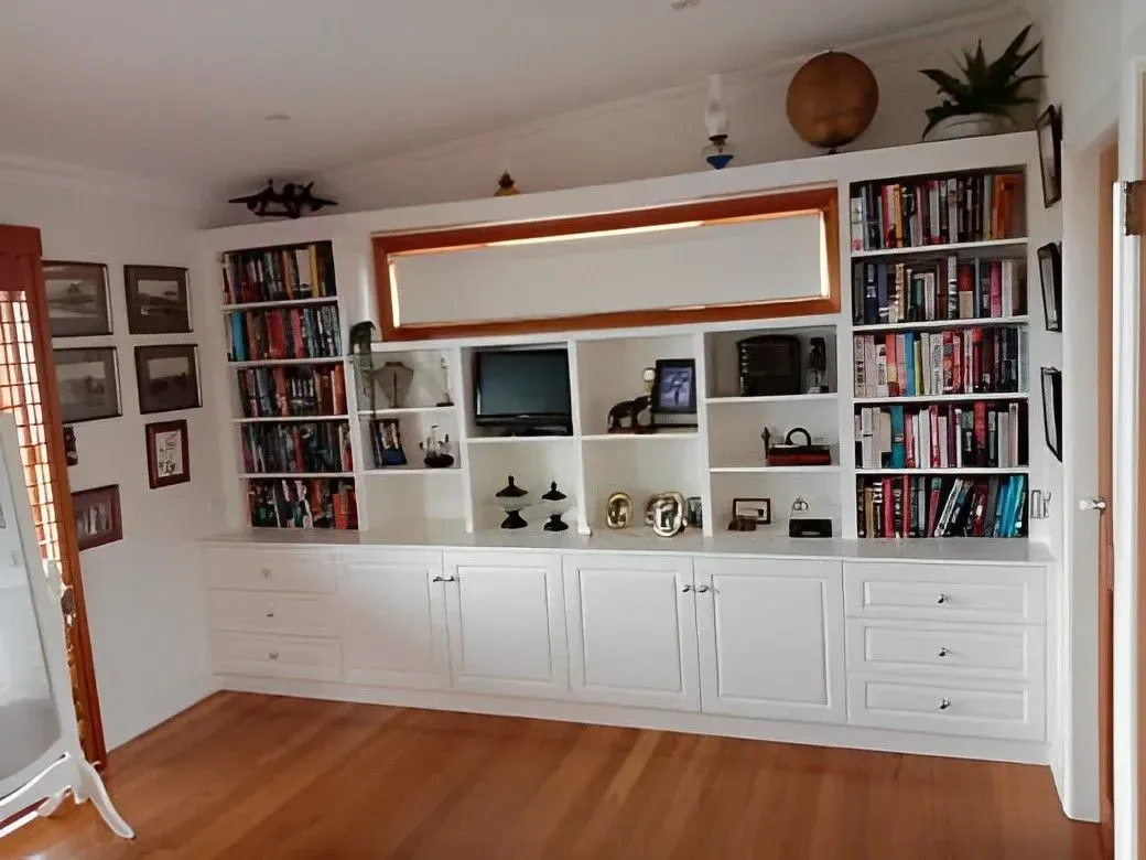 White built-in bookcase with books, a TV, and decorative items. Wooden floor and wall.