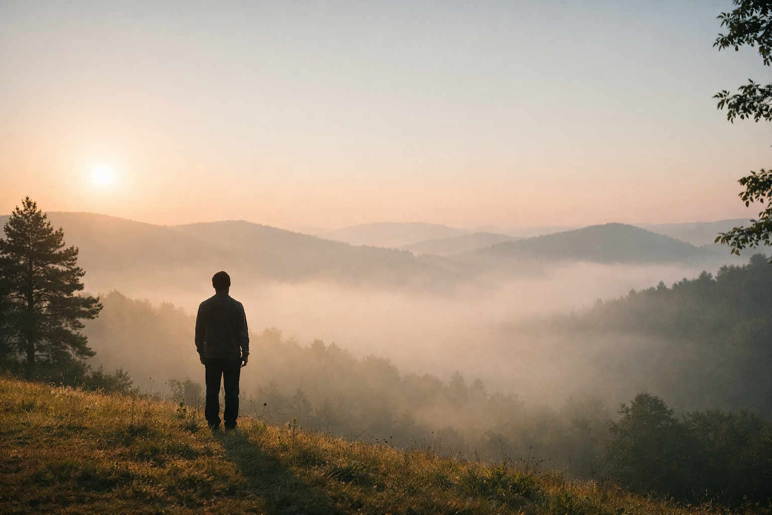 Contemplation at dawn over misty hills
