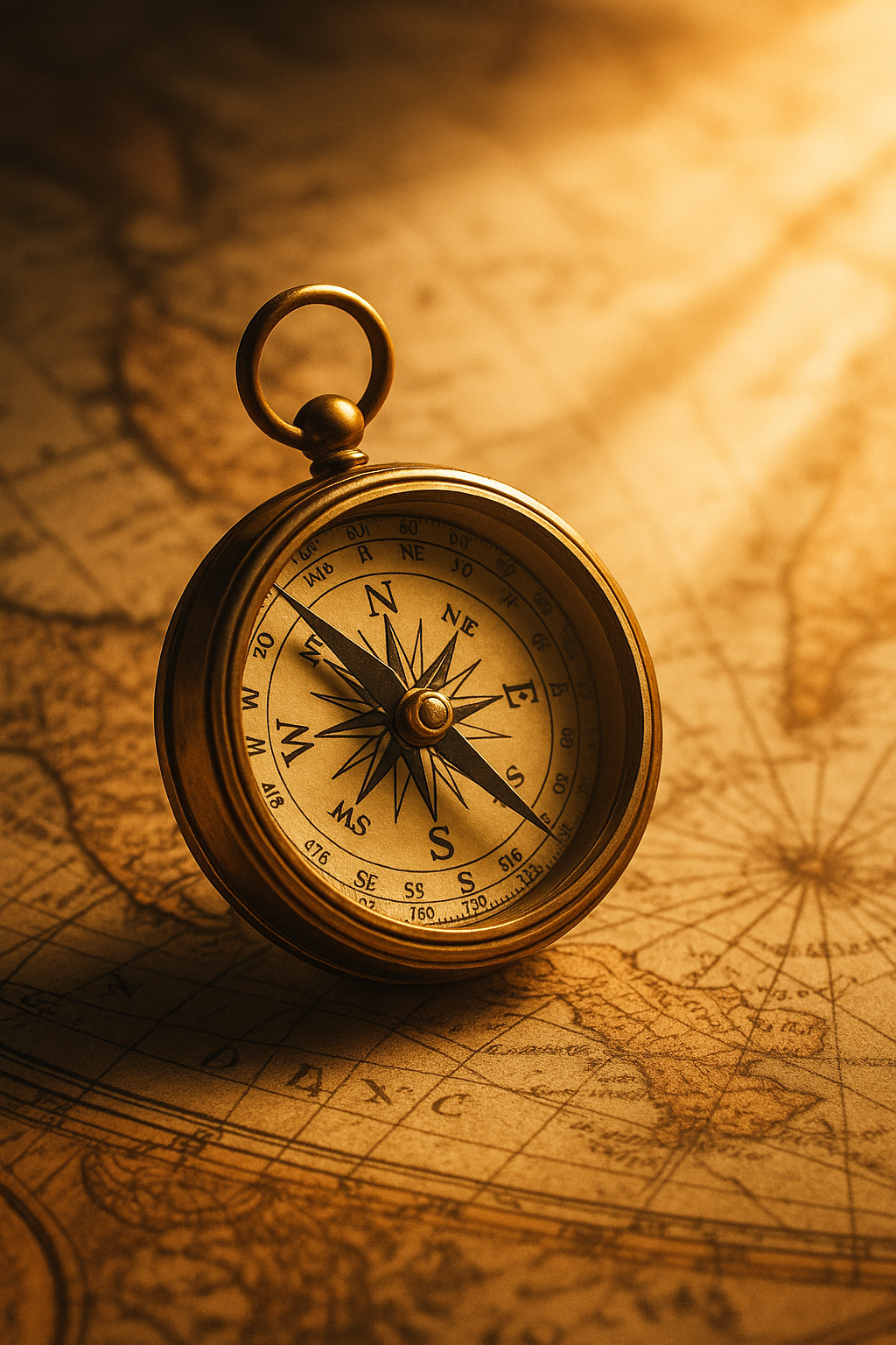 An antique brass compass resting on a sepia map