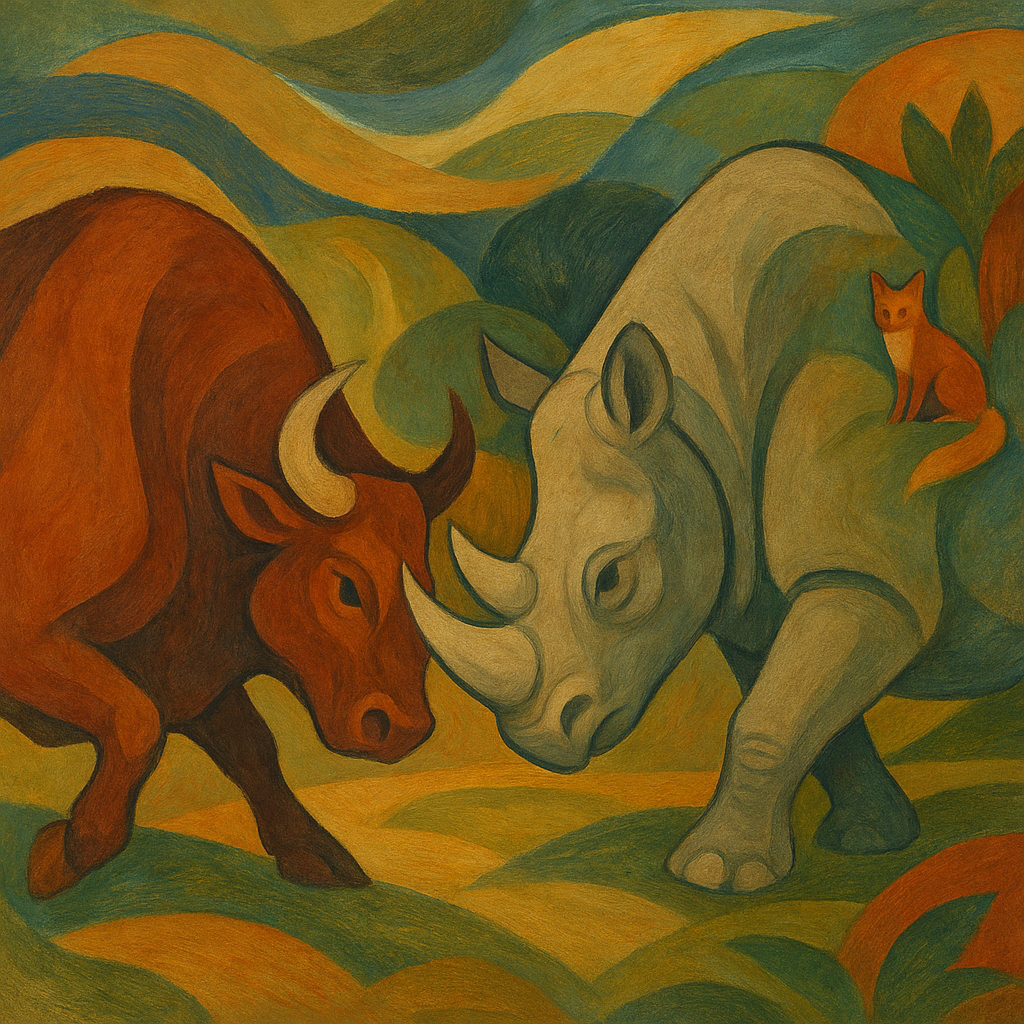 A bull and Rhino hit horns while a fox watches