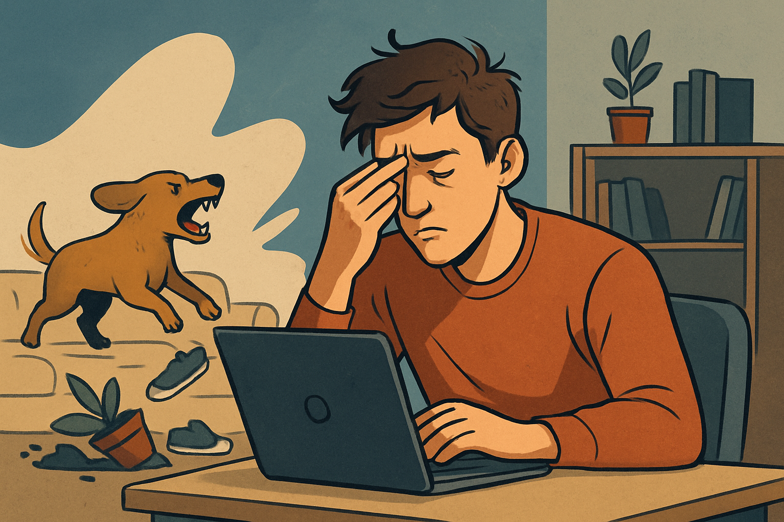 A man is sitting at a desk with a laptop and a dog behind him.